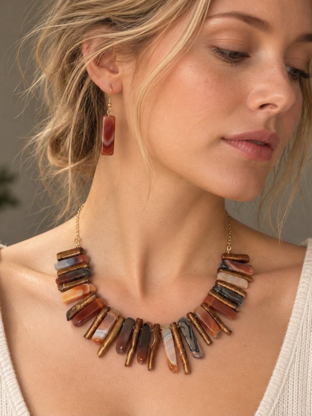 Sea Willow & Banded Agate Statement Necklace + Earrings